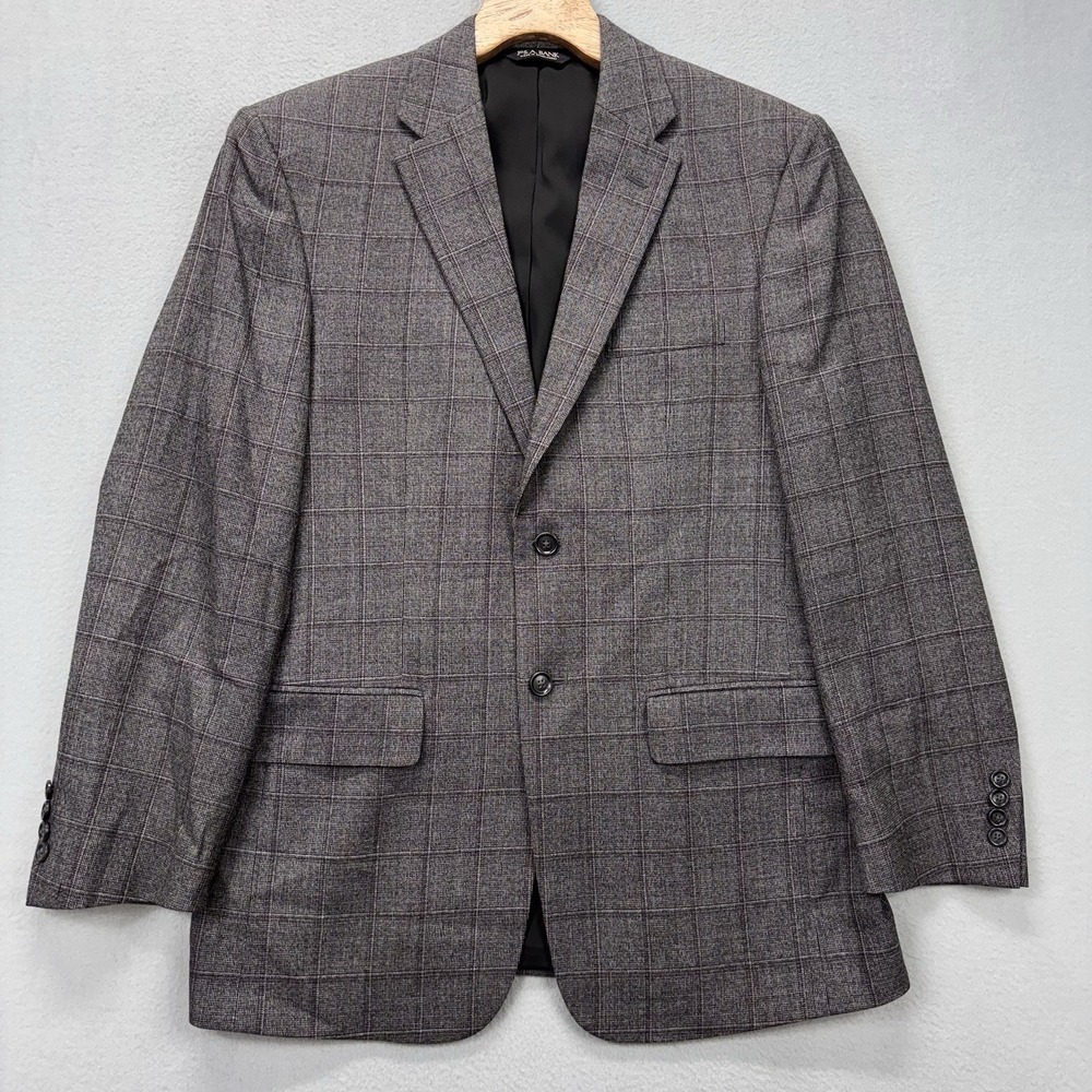 Jos A Bank Traveler Blazer Mens 39R Wool Windowpane Check 2 Button Gray‎ Jacket